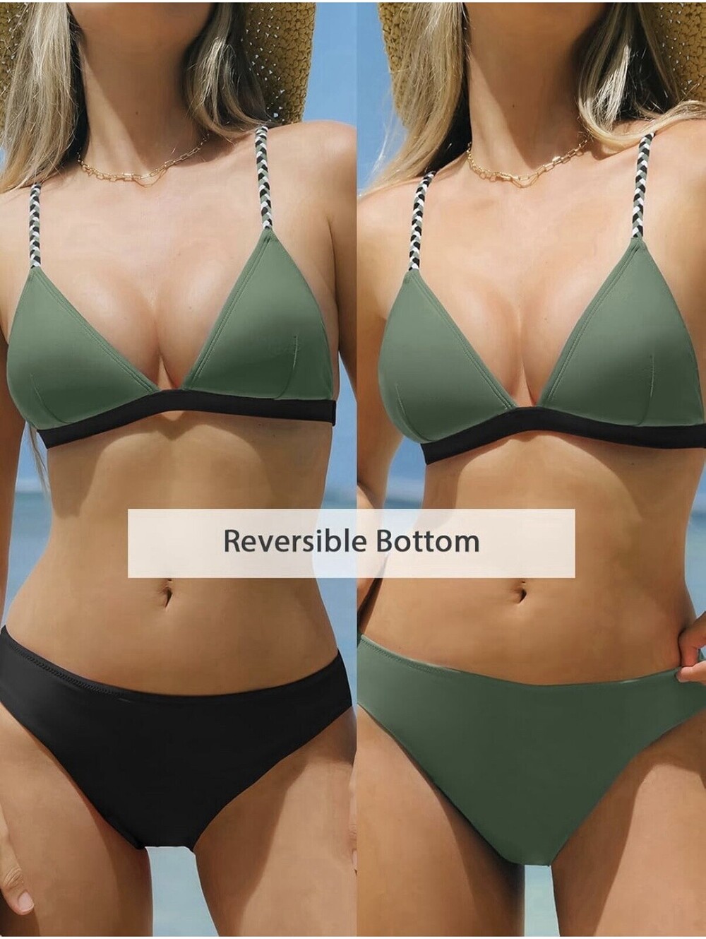 CUPSHE Womens Two Piece Bikini Set Large Swimsuit Olive Reversible Bottom